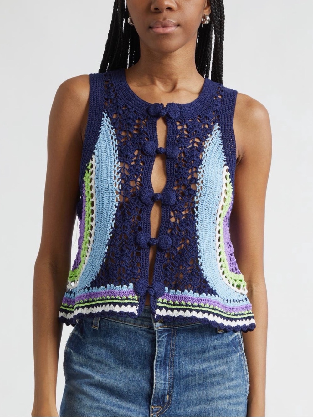 Ramy Brook Adriana Crop Navy Multi-Color Crochet Tank Top
